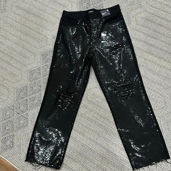 Express 
High Waisted Sequin Front Ripped Raw Hem Straight Ankle Jeans - Picture 8 of 9
